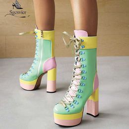 Boots Sgesvier Yellow Women Ankle Boots Platform Square High Heel Ladies Short Boots Patent PU Leather Mixed Color Women Lace Up Boots L230712