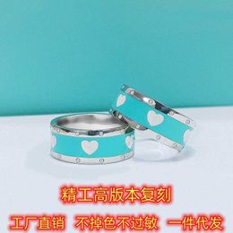 Original New Seiko High Edition Reprint S925 Sterling Silver Tiffay Light Luxury Small Love Blue Enamel Wide Couple Ring for Men and Women