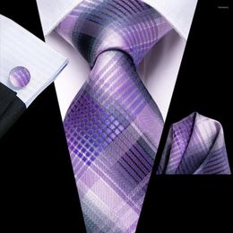 Bow Ties Plaid Purple Grey Silk Wedding Tie For Men Gift Mens Necktie Handky Cufflink Set Fashion Business Party Dropship Hi-Tie Designer