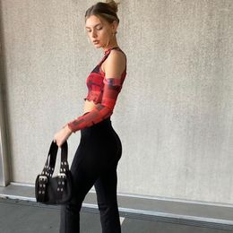 Women's T Shirts Crop Top Bodycon Sexy Off Shoulder See Through Sheer Print Mesh Club Streetwear 2023 Summer Women Long Sleeve All-Match