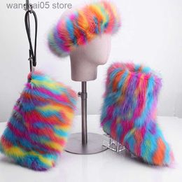 Slippers Winter Women Fashion Warm Faux Fur Snow Boots Set Purse Hair Cover Ladies Hip Hop Plush Fluffy Faux Fur Snow Boots Furry Shoes T230712