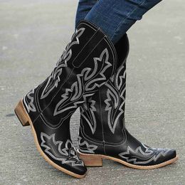 Boots Women Boots Mid Calf Western Cowboy Ethnic Style Boots Print Pointed Toe Knee Slip On High Shoes 2022 Embroidery Botas De Mujer L230712