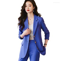 Women's Two Piece Pants Women Pant Suit Office Ladies Coffee Blue Black Single Breasted Straight Blazer And Trouser Female Business Work 2