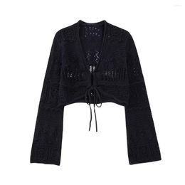 Women's Knits Women 2023 Fashion Summer Short Knitted Long-Sleeved Jacket Vintage V-Neck Hollow All-Match Casual Chic Female Tops Mujer