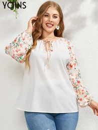 Women's Blouses Shirts YOINS 2023 Plus Size Women Blouses Long Sleeve Autumn Floral Print Elegant Crew Neck Tie-up Shirt Casual Tops Blusas Tunic 4XL L230712
