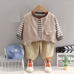 Clothing Sets 1-5Years Old Spring Autumn Cute Baby Suit Boy Long-sleeved Striped Base T-shirt Cardigan Vest Pant 3Pcs Children Sports