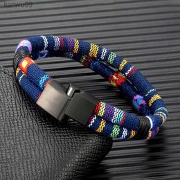 MKENDN Black Stainless Steel Surfer Waterproof Rope Bracelet Men Women Handmade Woven DoubleLayer Design Beach Jewellery Gift L230704