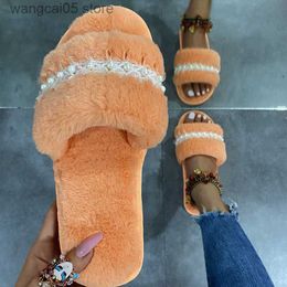 Slippers Autumn and Winter Indoor Fuzzy Slippers Female Fur Luxury String Bead Fluffy Flip Flops Ladies Soft Plush House Slides for Women T230712