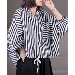 Women's Blouses Korean Loose Shirts Women Art Black White Stripe Patched Lace Long Sleeve Bat Shirt Spring Summer Trend Thin Oversized