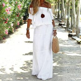 Casual Dresses Off Shoulder White Dress Elegant Slash Neck Boho Beach Robe Tunic Women 2023 Summer Clothes Wear Maxi Vestidos