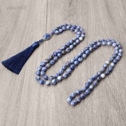 Pendant Necklaces Buddhist 108 Mala Beads Necklace 8mm Blue Jade Stone Handmade Knotted Meditation Yoga Blessing Rosary Necklaces Prayer Jewellery HKD230712