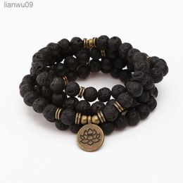 108 Beads Buddha Lotus Mala Bracelet for Women Men 8 mm Lava Rock Stone Strand Charm Bracelet or Necklace Fashion Jewelry L230704