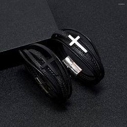 Link Bracelets Men's Multi Layer Leather Knitted Bracelet Fashion Smooth Magnetic Buckle Cross Geometric Imitation Cowhide Ornament