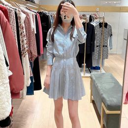 New M-aje Mixed Colour Stripe Design Feeling Slim Waist with 100 Pleated Shirt Collar Long Sleeve Dress