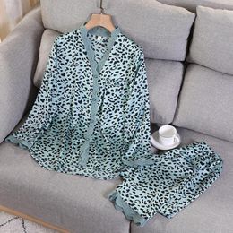 Women's Sleepwear V-Neck Long Sleeve Pyjamas Sets Spring Womens Lace Sleep Suit Casual Satin Print Pijamas Lounge Home Wear Nightwear