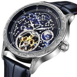 Wristwatches Starry Sky Luminous Vintage Tourbillon Mens Watch Top Belt Men Automatic Mechanical Skeleton Clock Reloj 2023