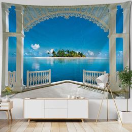 Tapestries Nordic Castle Window Sea View Wall Hanging Tapestry Decoration Blanket Curtain Hanging At Home Bedroom Living Room Decoration