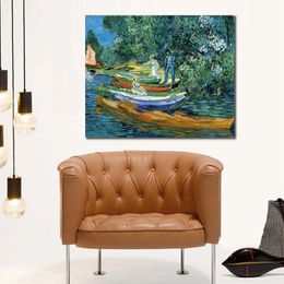 Handcrafted Vincent Van Gogh Oil Painting Rowing Boats on The Banks of The Oise Landscape Canvas Art Beautiful Wall Decor