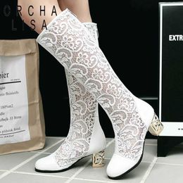 Boots ORCHA LISA Spring Summer Boots Shoes Women Med Heels Knee Flower Lace Female Mujer Zipper Glitter Sexy White BiG Size 43 44 4546 L230712