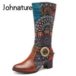 Boots Johnature Genuine Leather Long Women Shoes Zip Round Toe Ethnic Mixed Colours Sewing Handmade Retro Platform 230711