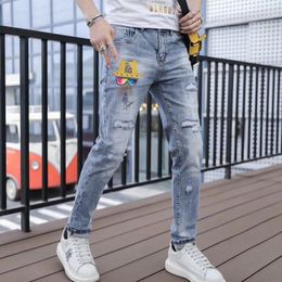 Jeans Men's Thin Light Grey Fashion Brand Tiger Head Hot Diamonds Slim Fit Male Pants Casual Stretch Casual Stretch Man Clothing