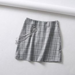 Skirts Streetwear High Waist Chain Mini Skirt Tartan Grey Women A-line Harajuku Plaid Womens Casual Slim Short Q074