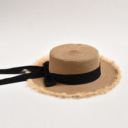 Summer Straw Hat for Women Black and White Ribbon Bowknot Sun Protection Beach Hat Lady Outdoor Foldable Holiday Sun Cap