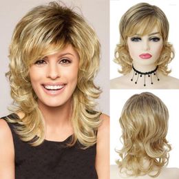 Synthetic Wigs GNIMEGIL With Bangs For Women Medium Length Curly Hair Cosplay Mommy Wig Natural Layered Stylish Blonde