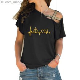 Women's T-Shirt New Fashion Summer T-shirt Women's Deathly Hallows Heartbeat Print Tshirt Irregular Skeleton Cross Bandage T-shirt Top Size S-5XL Z230713