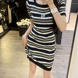 Classic Dress Striped Short Sleeve Jumper Vintage Top T Shirt Alphabet Embroidery Tight Mini Vestido Party Cool Girl