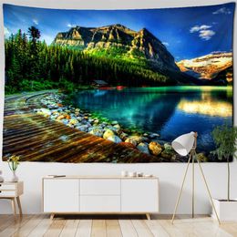 Tapestries Quiet Forest Tapestry Lake Green Plants Natural Landscape Tapestries Modern Home Living Room Dorm Decor Wall Hanging Picnic Mat
