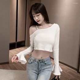 Women's T Shirts Autumn And Winter T-shirt Lotus Leaf Cuffed Single Sling Diagonal Collar Long Sleeve Bottomed Shirt Slim Short Versatile