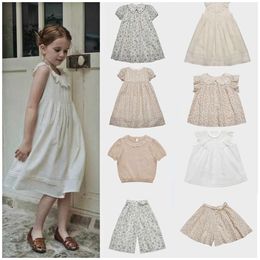 Girl's Dresses LOU23 Summer Girl Floral Dress Embroidered Lace Collar Court Wind Skirt Lapel Shirt Hollow Knit Sweater Culottes Wide Leg PantsHKD230712