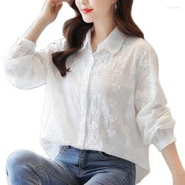 Women's Blouses Spring Summer 2023 Shirt Long Sleeves Pure Cotton Hook Flower Embroidery Hollow Out Loose Shirts Public Minority Top