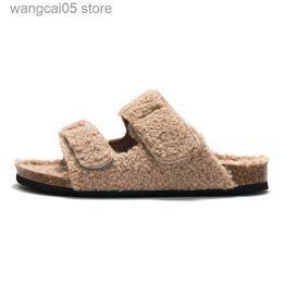 Slippers Winter Hook Loop Wool Shoes Women Curly Fur Slippers Double Band Cork Sandals 2023 Femme Clog Slides Lambswool Flipflops Ladies T230712