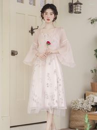 Work Dresses French Fairy Dress Set For Women Flare Sleeve Beaded Sweet Coat Pink Chiffon Print Mesh Suspender Elegant Women's Outfits