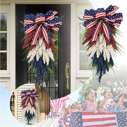 Decorative Flowers Door Hanger For Front Independence Day Patriotic Wreath American Christmas With Lights Plug In