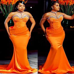 2023 Aso Ebi Orange Mermaid Prom Dress Beaded Crystals Evening Formal Party Second Reception Birthday Engagement Gowns Dresses Robe De Soiree ZJ725