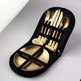 Dinnerware Sets Outdoor Travel Stainless Steel Tableware Camping Picnic Barbecue Plate With Steak Knife Fork Spoon Set Portable Storage Bag