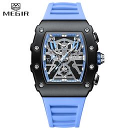 MEGIR Chronograph Watch Men Casual Waterproof Luminous Sport Analog Quartz Wristiwatch Tonneau Dial with Silicone Band Auto Date