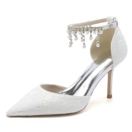 Bridal White Lace Wedding Shoes 2024 Pearls Celebrity Gala Oscar Inspired Formal Party High Heels 8.5m Ivory Champagne Prom Shoe Bridesmaid Wear 36-43 Buckle Strap