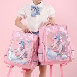 Backpacks Cartoon 3D Children's Student Unicorn Dinosaur Backpack 1-6 Grade Primary School Girls and Boys Anime Big Book Bag Direct 230711