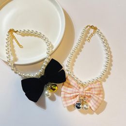 Dog Collars Pet Pearl Necklace Cat Collar Bell Bow Neck Ring Black And White Fashion Design Po Decoration