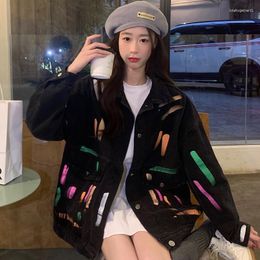 Women's Jackets 2023 Autumn Coat For Women Colour Graffiti Versatile Leisure Time Ins Tide Loose Single Breasted Lapel Collar