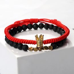 Strand 2pcs/set Lucky Rope Copper Beads Bracelets Couple Distance Onyx Black Lava Tiger Eye Stone Crown Bangles Charm Yoga Jewelry