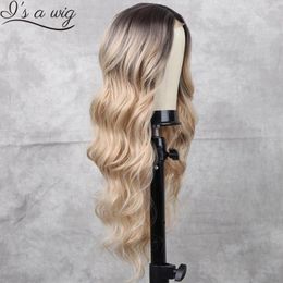 Synthetic Wigs I's A Wig Ombre Blonde Long Body Wave For Women Middle Part Daily Use Black Brown Red Pink Hairs