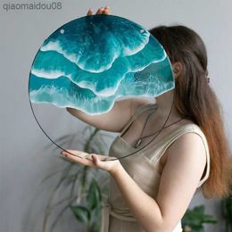 Ocean Wave Wall Decoration Round Framed Blue Handmade Crafts Accessories for Bathroom Living Room Bedroom Office L230704