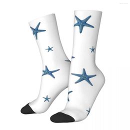 Men's Socks Funny Crazy Sock For Men White And Navy Blue Starfish Pattern Hip Hop Vintage Pentagram Under The Sea Seamless Boys Crew