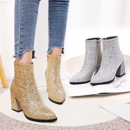 Boots 2019 New Ladies Ankle Boots Sequined Fashion Zipper Thick High Heels pointed toe Winter Boots Gold silver green Women Chelsea L230712