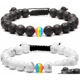 Beaded Rainbow Pride Couple Bracelet Strands Jewelry White Howlite Black Lava Rock Beads Oil Diffuser Bracelets For Men Women Drop De Dh0E9